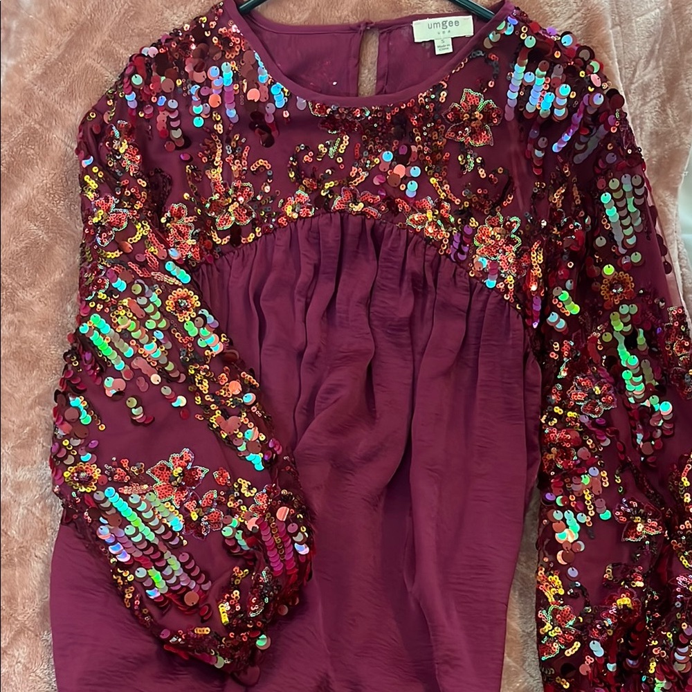 Umgee Red and Gold Embellished Long Sleeve Blouse